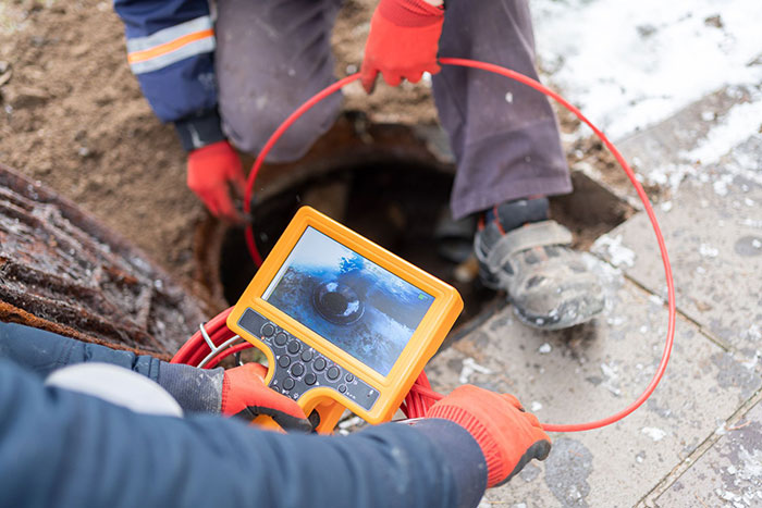 Two workers inspect a sewer pipe with a video camera as part of sewer and drain services; one holds a monitor displaying the pipe's interior while the other guides the cable.